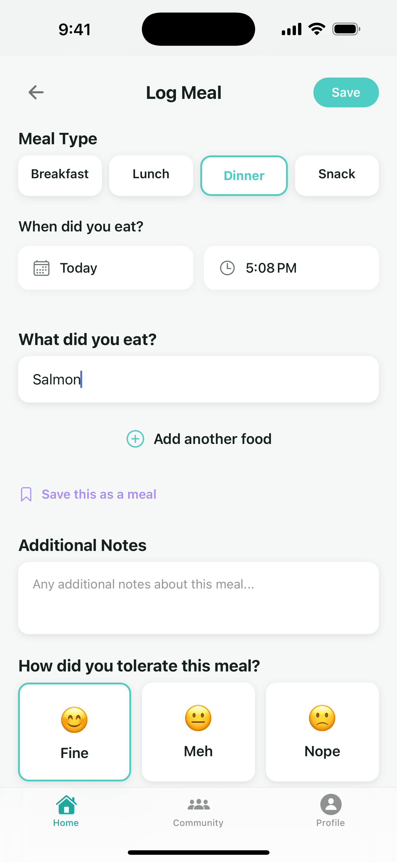 Log Meal form with Dinner selected, 'Salmon' entered, and the tolerance rating set to Fine.