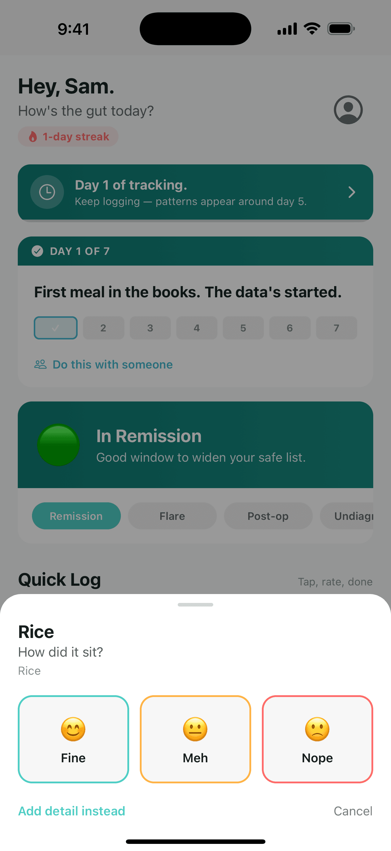 Quick-log sheet for Rice asking 'How did it sit?' with three large buttons: Fine, Meh, Nope.